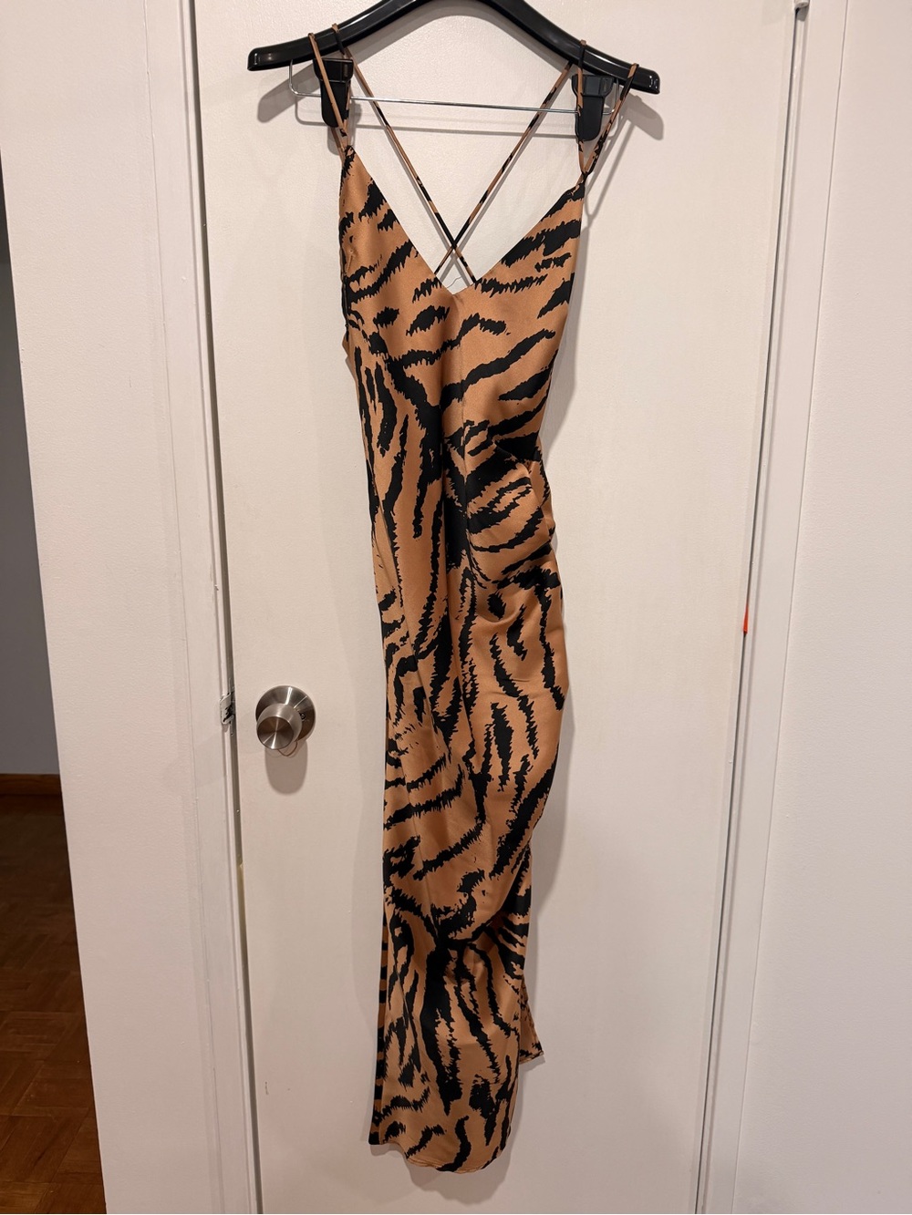 Zara Tan Maxi Dress with Black Tiger Stripe Print
